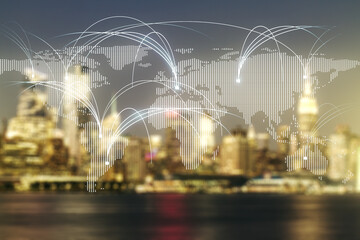 Poster - Double exposure of abstract digital world map hologram with connections on blurry cityscape background, research and strategy concept