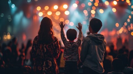 Sticker - Christian family raised hands to praise God in church worship concert concept for religion, worship, prayer heaven after life