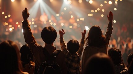 Christian family raised hands to praise God in church worship concert concept for religion, worship, prayer heaven after life