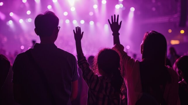 Christian family raised hands to praise God in church worship concert concept for religion, worship, prayer heaven after life