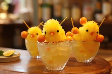 Chick Decorations: Incorporate cute chick decorations alongside drinks for a fun and lively scene.