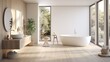 Modern bathroom interior with wooden walls, wound mirror, sink and large bathtub. Created with Ai
