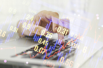 Poster - Multi exposure of abstract creative financial chart with hand typing on computer keyboard on background, research and analytics concept