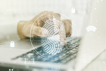 Aufkleber - Multi exposure of abstract fingerprint scan interface with hands typing on computer keyboard on background, digital access concept