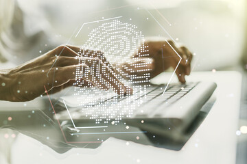 Aufkleber - Multi exposure of abstract graphic fingerprint sketch with hands typing on computer keyboard on background, fingerprint scan data concept