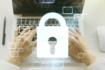 Poster - Creative lock sketch with email symbols hologram and hands typing on computer keyboard on background, protection of personal data concept. Multiexposure