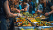 Essen am Buffett mit Freunden und Familie kochen mit den Nachbarn freundschaftlich speisen am Tisch Generative AI