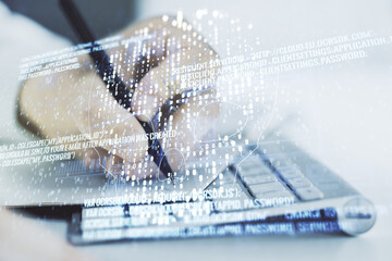 Poster - Double exposure of creative code skull hologram and hand writing in notebook on background with laptop. Malware and cyber crime concept