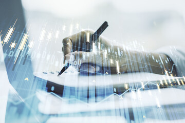Aufkleber - Multi exposure of abstract creative financial chart with hand writing in diary on background, research and analytics concept