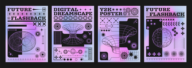 Poster - Y2k techno style poster design layout with grid abstract simple shapes and typography on liquid color gradient background. Trendy retro banner template in 2000s aesthetic with wire geometric forms.