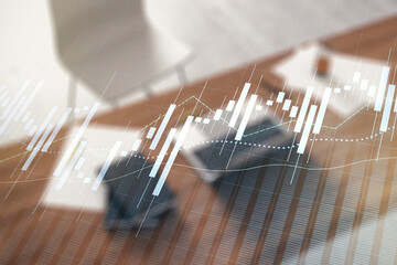 Aufkleber - multi exposure of abstract financial graph and modern desktop with pc on background, financial and t
