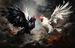 © ณิชพน สุขเกษม - black and white roosters locked in battle high soaring and flapping feathers and wings