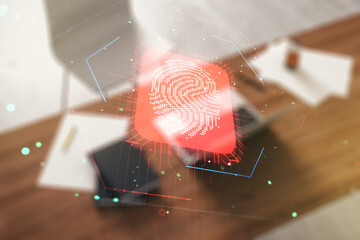 Aufkleber - Abstract creative fingerprint concept and modern desktop with computer on background. Multiexposure