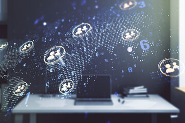 Poster - Double exposure of social network icons concept with world map and modern desktop with laptop on background. Marketing and promotion concept