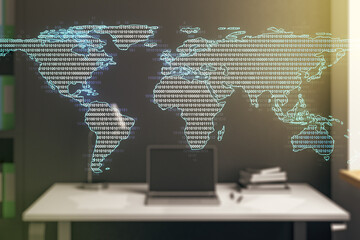 Poster - Multi exposure of abstract graphic world map and modern desktop with pc on background, big data and networking concept