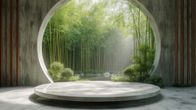 3d Rendering Of Round Podium And Bamboo Forest In The Background.