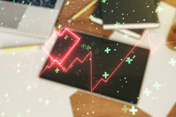 Poster - Creative abstract heart rate sketch and modern digital tablet on background, Medicine and healthcare concept. Multiexposure