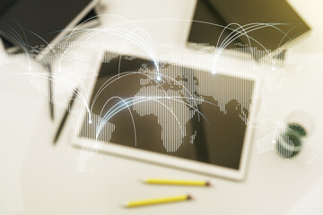 Aufkleber - Double exposure of abstract digital world map with connections and digital tablet on background, top view, research and strategy concept