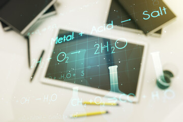 Poster - Creative chemistry hologram and modern digital tablet on background, pharmaceutical research concept. Multiexposure