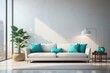 Interior home design of living room with white sofa turquoise pillow near the window