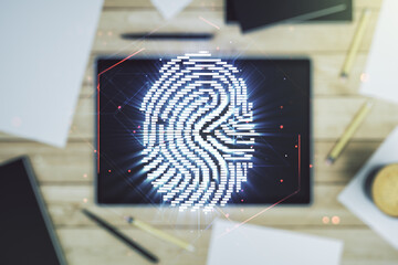 Aufkleber - Double exposure of abstract creative fingerprint hologram and digital tablet on background, top view, research and development concept