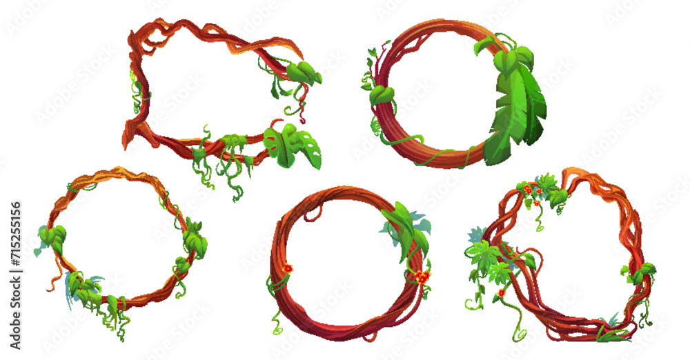 Liana branch frames with green leaves set isolated on white background ...