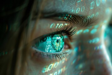 Poster - Close-up of an eye reflecting binary code, digital data concept