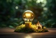 Light bulbs and small houses in nature, representing the concepts of ecology, solar energy and sustainability. Environmentally friendly energy into the natural environment.