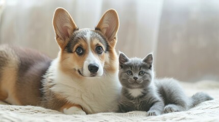 corgi puppy and gray kitten, 88mm, white blurred background, portrait mode