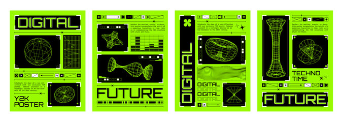 Fototapete - Poster design template in retro y2k style with grid abstract shapes on neon green background. Vector 2000s aesthetic cover and banner set with wireframe psychedelic geometric forms and typography.