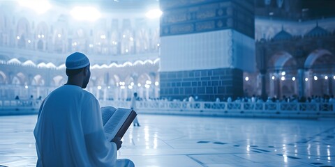 Wall Mural - back view Muslim man sitting praying. holding and read Quran in front of Kaaba Macca islamic mosque, Ramadan kareen and eid fitr or adha mubarak day background illustration, Generative AI