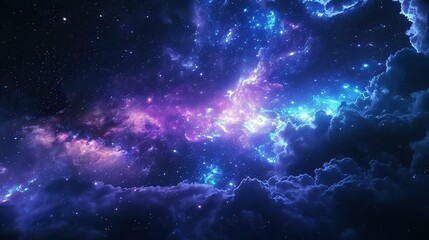 Poster - Beautiful fantasy starry night sky, blue and purple colorful, galaxy and aurora 4k wallpaper