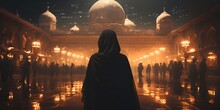 Back View Of An Islamic Arab Woman People Looking At Mosque During Evening Or Sunset. Praying And Islam Spiritual Travel Destination Concept