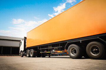 Wall Mural - Semi Trailer Trucks on The Parking Lot at Warehouse. Trucks Loading at Dock Warehouse. Shipping Cargo Container Delivery Trucks. Distribution Warehouse. Freight Trucks Logistic, Cargo Transport.