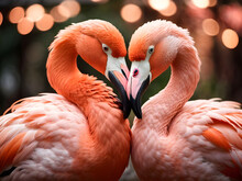 Close Up Of Two Flamingos Kissing With Heart Shape, Valentine Concept. (Phoenicopterus Ruber)