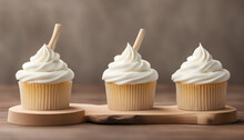 3 White Cupcakes With Stick For Toppers On Wood Stand , Cupcake Mock Up