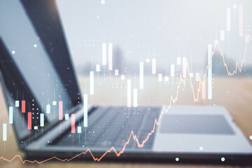 Aufkleber - Multi exposure of abstract financial graph on laptop background, financial and trading concept