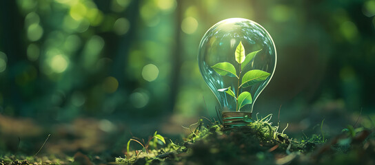 tree seeds in a light bulb against a green forest backdrop, symbolizing eco-technology, green busine