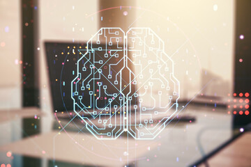 Aufkleber - Creative artificial Intelligence concept with human brain hologram on modern laptop background. Multiexposure