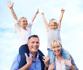 Wall Mural - Portrait, piggy back and parents with children on outdoor adventure, vacation or excited on blue sky. Relax, sunshine and family, happy kids with with mom and dad on summer holiday fun with smile.