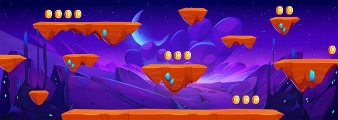 Poster - space adventure game map with floating platforms. vector cartoon illustration of alien planet rocky 