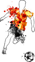 Wall Mural - soccer player in action, kicking ball for winning goal. football game vector illustration with orang