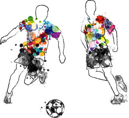 Wall Mural - soccer players in action. football game vector illustration from rainbow paint splashes and linear s
