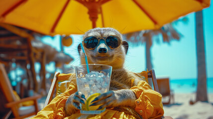 A meerkat in human clothes lies on a sunbathe on the beach, on a sun lounger, under a bright sun umbrella, drinks a mojito with ice from a glass glass with a straw, smiles, summer tones, bright rich c