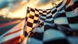 Fototapeta  - A closeup of a checkered flag being waved frantically signaling the end of the race and the triumphant rush of the racing pulse coming to a pulseracing finish