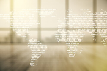 Poster - Double exposure of abstract digital world map hologram on empty room interior background, big data and blockchain concept