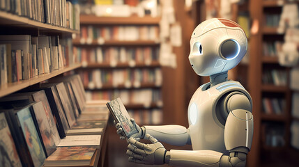 Wall Mural - an AI robot in a book caf recommending books