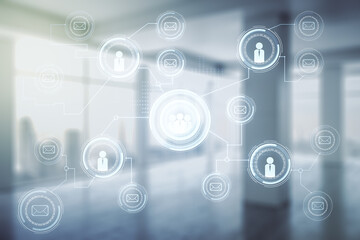 Poster - Abstract virtual social network hologram on modern interior background. Double exposure