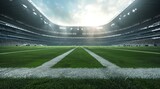 Fototapeta Sport - 3D render of a large football stadium with green grass and white marking lines