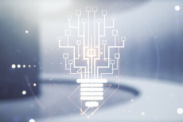 Poster - Virtual creative light bulb with chip hologram on empty classroom background, artificial Intelligence and neural networks concept. Multiexposure